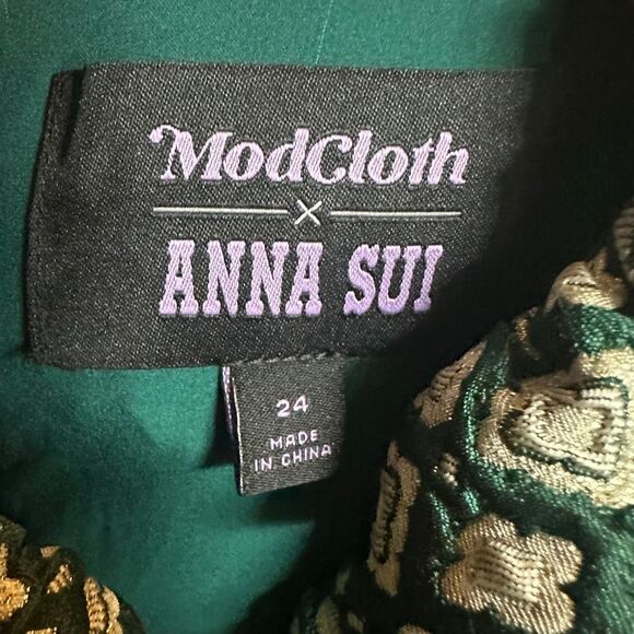 ModCloth x Anna Sui Admiring Eyes green jacquard sheath gold midi dress - Picture 7 of 7